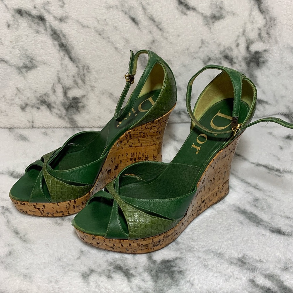 DIOR leather & python trimmed green wedges Size 37